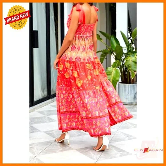 Floral Maxi Dress Boho Smocked Tiered Tiered Shoulder Tie Pockets Vacation - Picture 6 of 7